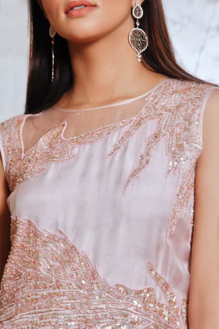Buy_Jasmine Bains_Pink Georgette And Silk Organza Thread & Sequin Round Placement Embroidered Gown _Online_at_Aza_Fashions
