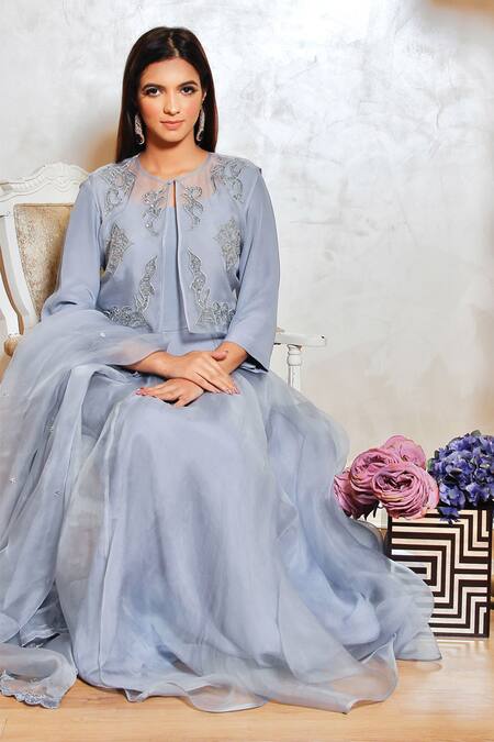 Buy_Jasmine Bains_Grey Jacket Silk Organza And Cupro Georgette Thread & Embroidered & Anarkali Set _Online_at_Aza_Fashions