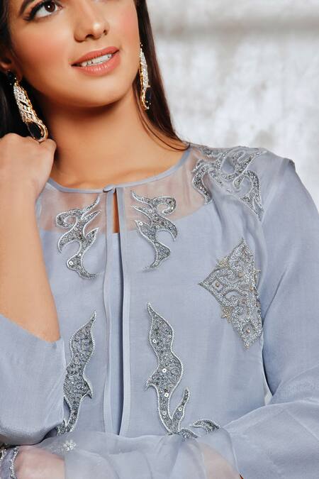 Shop_Jasmine Bains_Grey Jacket Silk Organza And Cupro Georgette Thread & Embroidered & Anarkali Set _Online_at_Aza_Fashions