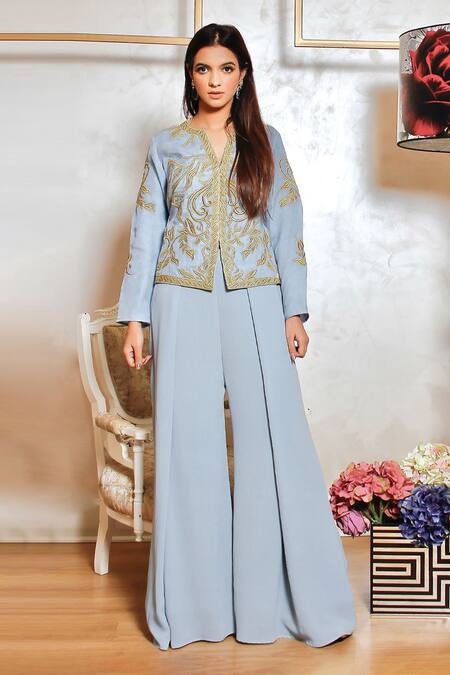 Buy Grey Georgette Round Embroidered Jacket Palazzo Set For Women by  Ariyana Couture Online at Aza Fashions.