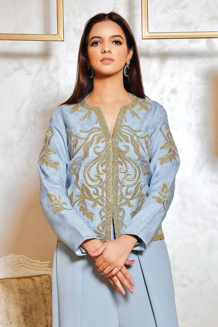 Buy_Jasmine Bains_Blue Silk Organza And Cupro Georgette Thread V Embroidered Jacket & Palazzo Set _Online_at_Aza_Fashions