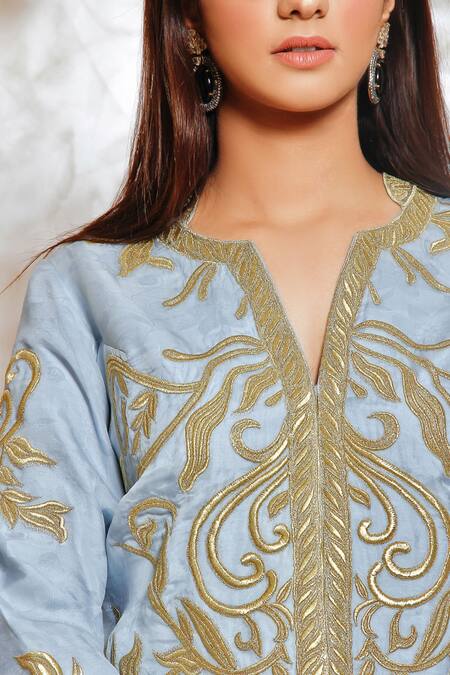 Shop_Jasmine Bains_Blue Silk Organza And Cupro Georgette Thread V Embroidered Jacket & Palazzo Set _Online_at_Aza_Fashions
