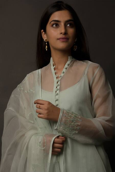 Jasmine Bains_Green Kurta Silk Organza Pant Crepe Dupatta Organza Inner Cupro And Set _Online_at_Aza_Fashions