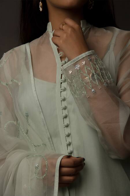 Buy_Jasmine Bains_Green Kurta Silk Organza Pant Crepe Dupatta Organza Inner Cupro And Set _Online_at_Aza_Fashions