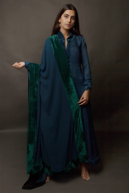 Buy Blue Kurta Silk Chiffon Kurta Band Collar Straight With Shawl For ...