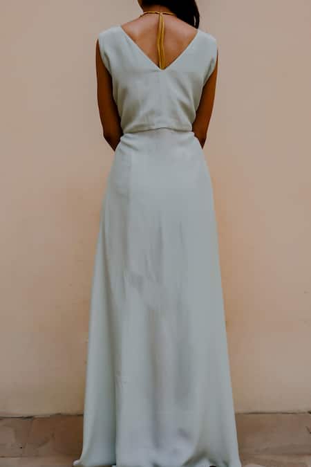 Shop_Jasmine Bains_Blue Cupro Crepe V Neck Embroidered Overlay Jumpsuit _at_Aza_Fashions