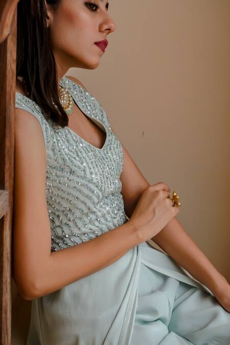 Buy_Jasmine Bains_Blue Cupro Crepe V Neck Embroidered Overlay Jumpsuit _Online_at_Aza_Fashions