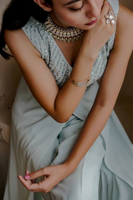 Shop_Jasmine Bains_Blue Cupro Crepe V Neck Embroidered Overlay Jumpsuit _Online_at_Aza_Fashions