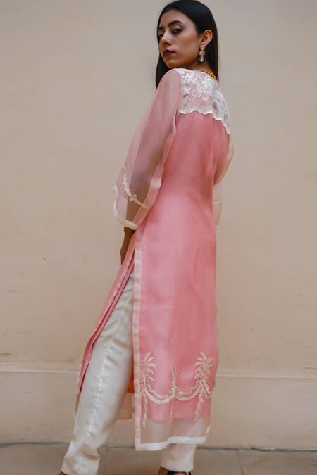 Shop Jasmine Bains Pink Kurta Organza Pant And Inner Cotton Kurta Neck Inner Set at Aza Fashions Shop_Jasmine Bains_Pink Kurta Organza Pant And Inner Cotton Kurta Neck Inner Set _at_Aza_Fashions