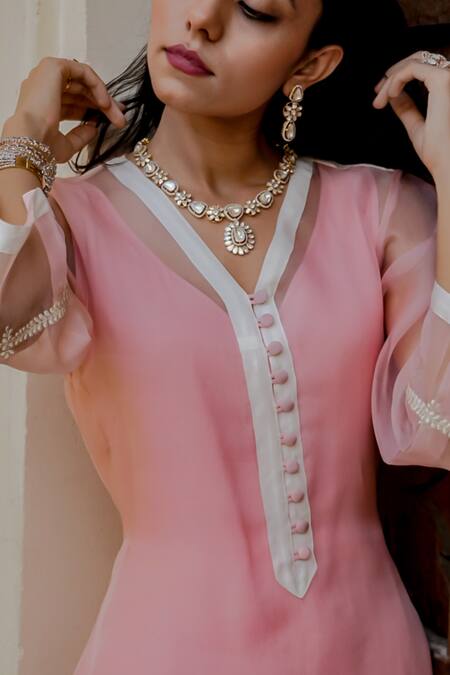 Buy Jasmine Bains Pink Kurta Organza Pant And Inner Cotton Kurta Neck Inner Set Online at Aza Fashions Buy_Jasmine Bains_Pink Kurta Organza Pant And Inner Cotton Kurta Neck Inner Set _Online_at_Aza_Fashions