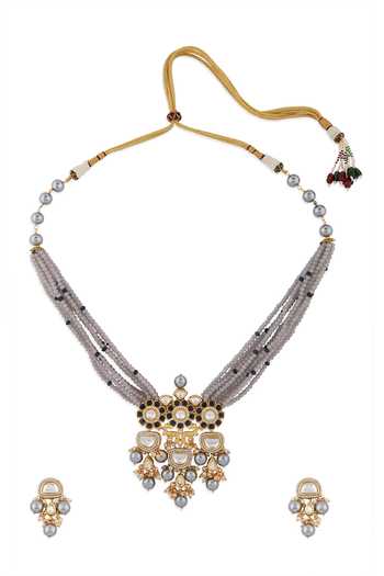 Shop Joules by Radhika Gold Plated Crystals Pearl Necklace Set at Aza Fashions Shop_Joules by Radhika_Gold Plated Crystals Pearl Necklace Set_at_Aza_Fashions