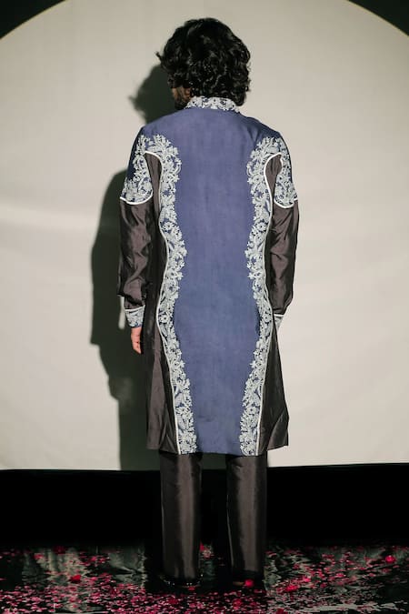 Shop Jubinav Chadha Blue Silk Staple Floral, Resham Pathani Embroidered Kurta Set at Aza Fashions Shop_Jubinav Chadha_Blue Silk Staple Floral, Resham Pathani Embroidered Kurta Set _at_Aza_Fashions