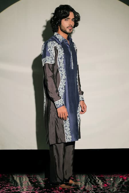 Jubinav Chadha Blue Silk Staple Floral, Resham Pathani Embroidered Kurta Set Online at Aza Fashions Jubinav Chadha_Blue Silk Staple Floral, Resham Pathani Embroidered Kurta Set _Online_at_Aza_Fashions