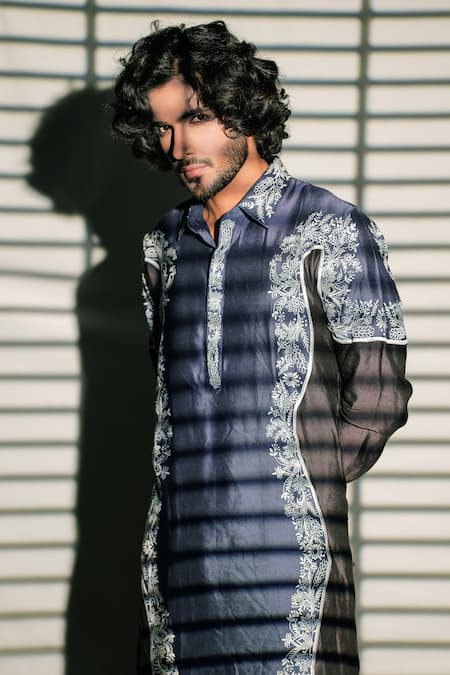 Buy Jubinav Chadha Blue Silk Staple Floral, Resham Pathani Embroidered Kurta Set Online at Aza Fashions Buy_Jubinav Chadha_Blue Silk Staple Floral, Resham Pathani Embroidered Kurta Set _Online_at_Aza_Fashions