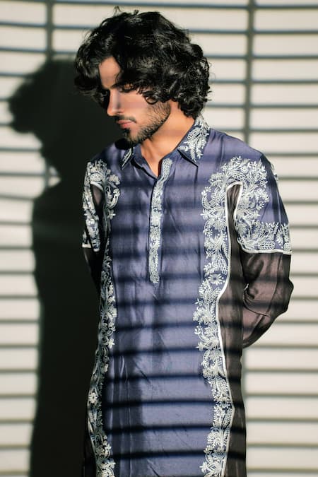 Shop Jubinav Chadha Blue Silk Staple Floral, Resham Pathani Embroidered Kurta Set Online at Aza Fashions Shop_Jubinav Chadha_Blue Silk Staple Floral, Resham Pathani Embroidered Kurta Set _Online_at_Aza_Fashions