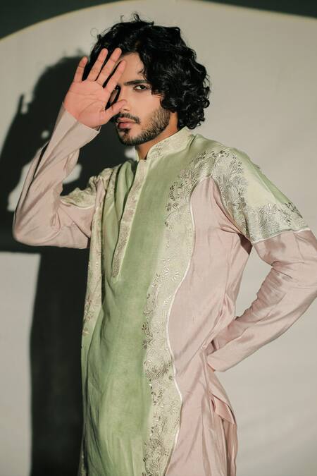 Buy Jubinav Chadha Green Silk Staple Floral, Resham Colorblock Embroidered Kurta Set Online at Aza Fashions Buy_Jubinav Chadha_Green Silk Staple Floral, Resham Colorblock Embroidered Kurta Set _Online_at_Aza_Fashions