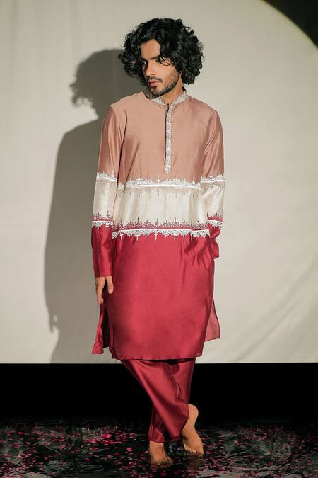 Jubinav Chadha Red Silk Chanderi Floral, Resham Kurta Set Online at Aza Fashions Jubinav Chadha_Red Silk Chanderi Floral, Resham Kurta Set _Online_at_Aza_Fashions