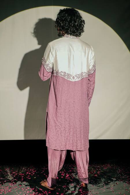 Shop_Jubinav Chadha_White Cotton Jacquard, Silk Staple Crystal, Colorblock Embroidered Kurta Set _at_Aza_Fashions