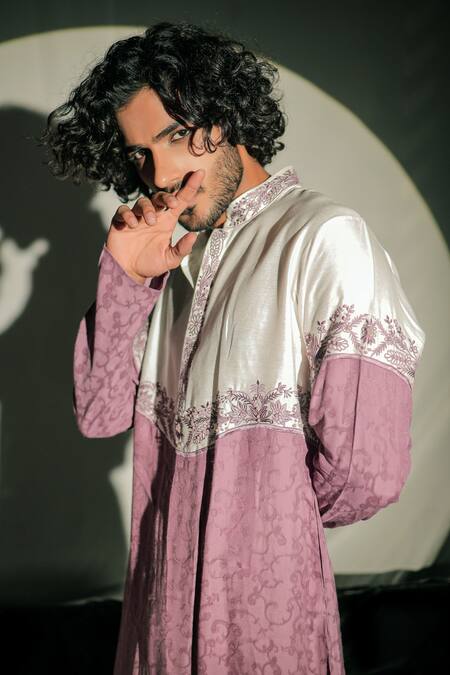 Buy_Jubinav Chadha_White Cotton Jacquard, Silk Staple Crystal, Colorblock Embroidered Kurta Set _Online_at_Aza_Fashions