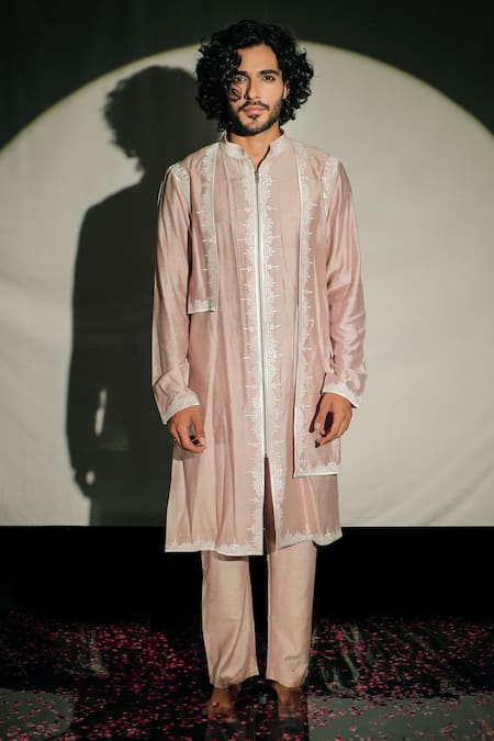 Jubinav Chadha Beige Silk Staple Floral Layered Kurta Set 