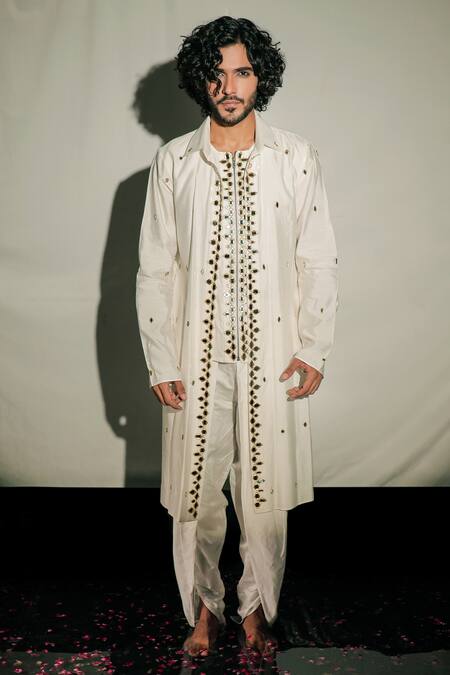 Buy_Jubinav Chadha_White Silk Chanderi Floral Embroidered Layered Kurta With Dhoti Pant _Online_at_Aza_Fashions