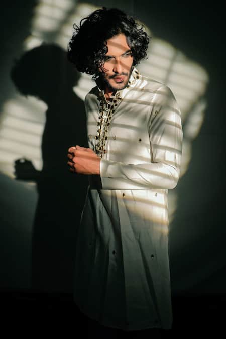 Shop Jubinav Chadha White Silk Staple And Sequin Georgette Mirror Embroidered Kurta Set Online at Aza Fashions Shop_Jubinav Chadha_White Silk Staple And Sequin Georgette Mirror Embroidered Kurta Set _Online_at_Aza_Fashions