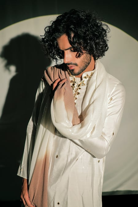 Jubinav Chadha White Silk Staple And Sequin Georgette Mirror Embroidered Kurta Set at Aza Fashions Jubinav Chadha_White Silk Staple And Sequin Georgette Mirror Embroidered Kurta Set _at_Aza_Fashions