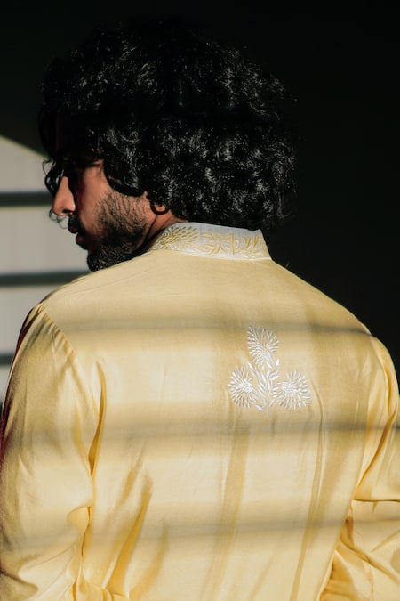 Shop Jubinav Chadha Yellow Silk Staple Floral, Resham Colorblock Embroidered Kurta Set Online at Aza Fashions Shop_Jubinav Chadha_Yellow Silk Staple Floral, Resham Colorblock Embroidered Kurta Set _Online_at_Aza_Fashions