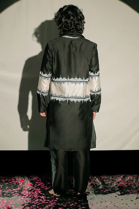 Shop Jubinav Chadha Black Silk Chanderi Floral, Resham Kurta Set at Aza Fashions Shop_Jubinav Chadha_Black Silk Chanderi Floral, Resham Kurta Set _at_Aza_Fashions