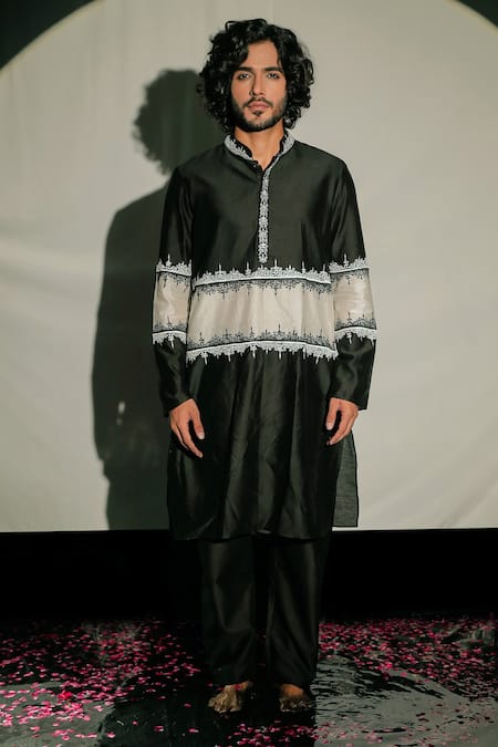 Shop Jubinav Chadha Black Silk Chanderi Floral, Resham Kurta Set Online at Aza Fashions Shop_Jubinav Chadha_Black Silk Chanderi Floral, Resham Kurta Set _Online_at_Aza_Fashions