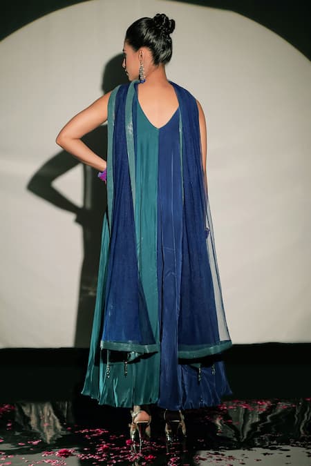Shop_Jubinav Chadha_Blue Tulle, Crepe Beads V Neck Embroidered Asymmetric Kurta Set _at_Aza_Fashions