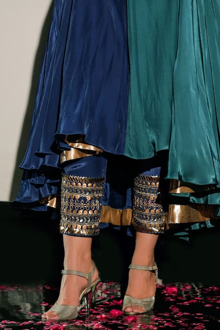 Shop_Jubinav Chadha_Blue Tulle, Crepe Beads V Neck Embroidered Asymmetric Kurta Set _Online_at_Aza_Fashions
