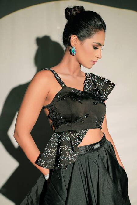 Jubinav Chadha_Black Satin Crystal, Resham Work Asymmetric Embroidered Ruffled Crop Top _Online_at_Aza_Fashions