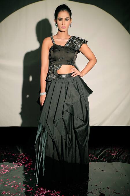 Buy_Jubinav Chadha_Black Satin Crystal, Resham Work Asymmetric Embroidered Ruffled Crop Top _Online_at_Aza_Fashions