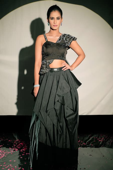 Jubinav Chadha Black Taffeta Dori Work, Sequin Embellished Draped Skirt 