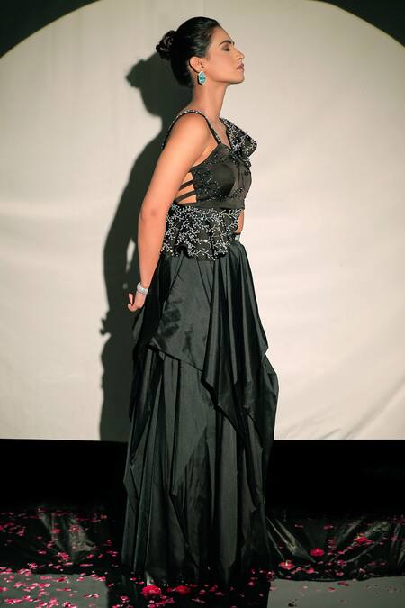Jubinav Chadha_Black Taffeta Dori Work, Sequin Embellished Draped Skirt _Online_at_Aza_Fashions