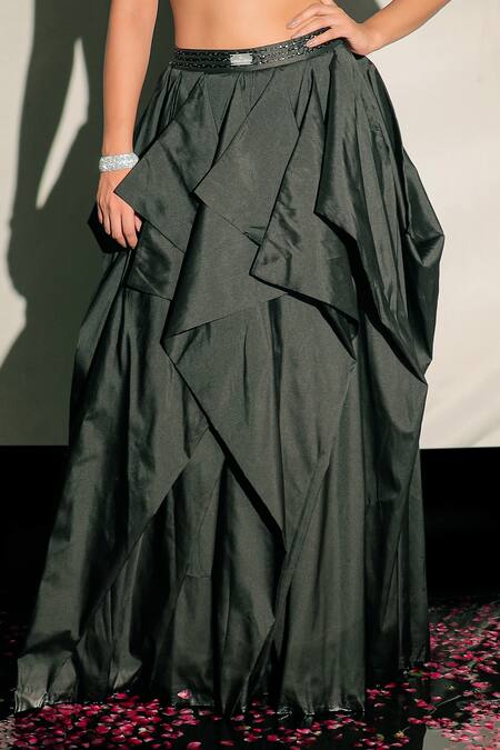 Buy_Jubinav Chadha_Black Taffeta Dori Work, Sequin Embellished Draped Skirt _Online_at_Aza_Fashions