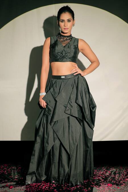 Buy_Jubinav Chadha_Black Tulle, Taffeta Beads Cape Open, Top High Shimmer And Draped Skirt Set _Online_at_Aza_Fashions