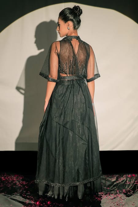 Shop_Jubinav Chadha_Black Tulle, Taffeta Beads Cape Open, Top High Shimmer And Draped Skirt Set _at_Aza_Fashions