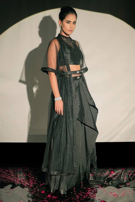 Jubinav Chadha_Black Tulle, Taffeta Beads Cape Open, Top High Shimmer And Draped Skirt Set _Online_at_Aza_Fashions