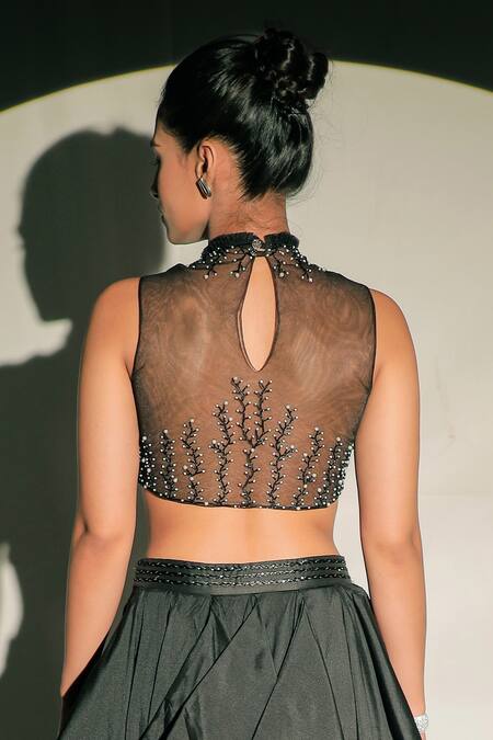 Jubinav Chadha_Black Tulle, Taffeta Beads Cape Open, Top High Shimmer And Draped Skirt Set _at_Aza_Fashions