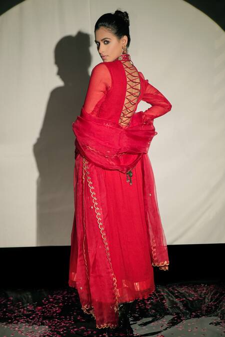 Shop Jubinav Chadha Red Chiffon, Silk Chanderi Crystal, Mirror Work High Embroidered Anarkali Set at Aza Fashions Shop_Jubinav Chadha_Red Chiffon, Silk Chanderi Crystal, Mirror Work High Embroidered Anarkali Set _at_Aza_Fashions