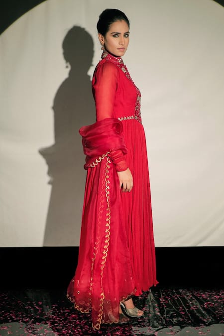 Jubinav Chadha Red Chiffon, Silk Chanderi Crystal, Mirror Work High Embroidered Anarkali Set Online at Aza Fashions Jubinav Chadha_Red Chiffon, Silk Chanderi Crystal, Mirror Work High Embroidered Anarkali Set _Online_at_Aza_Fashions