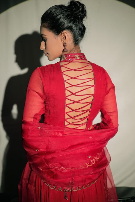 Jubinav Chadha Red Chiffon, Silk Chanderi Crystal, Mirror Work High Embroidered Anarkali Set at Aza Fashions Jubinav Chadha_Red Chiffon, Silk Chanderi Crystal, Mirror Work High Embroidered Anarkali Set _at_Aza_Fashions