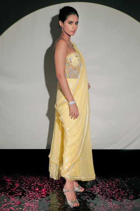 Jubinav Chadha_Yellow Tulle, Georgette Pearls Sweetheart Neck Sequin Embellished Saree Gown _Online_at_Aza_Fashions