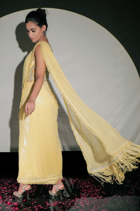 Buy_Jubinav Chadha_Yellow Tulle, Georgette Pearls Sweetheart Neck Sequin Embellished Saree Gown _Online_at_Aza_Fashions