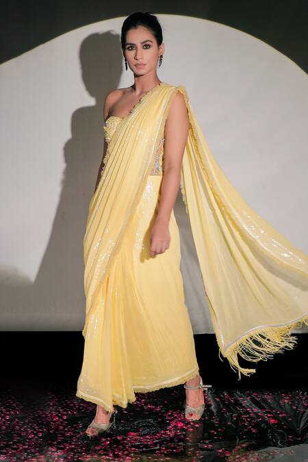 Shop_Jubinav Chadha_Yellow Tulle, Georgette Pearls Sweetheart Neck Sequin Embellished Saree Gown _Online_at_Aza_Fashions