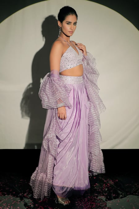 Jubinav Chadha Purple Crepe, Silk Organza Mirror Work Embroidered Blouse And Draped Skirt Set Online at Aza Fashions Jubinav Chadha_Purple Crepe, Silk Organza Mirror Work Embroidered Blouse And Draped Skirt Set _Online_at_Aza_Fashions