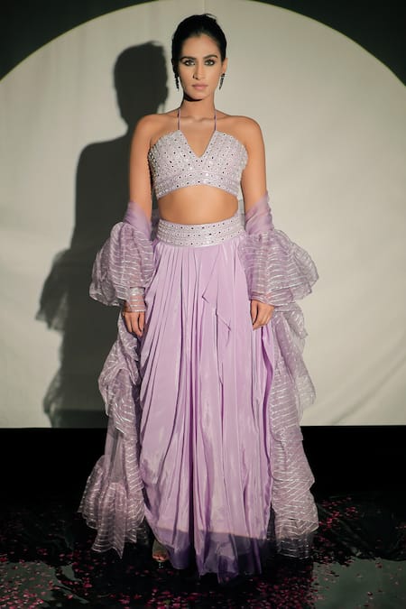 Buy Jubinav Chadha Purple Crepe, Silk Organza Mirror Work Embroidered Blouse And Draped Skirt Set Online at Aza Fashions Buy_Jubinav Chadha_Purple Crepe, Silk Organza Mirror Work Embroidered Blouse And Draped Skirt Set _Online_at_Aza_Fashions