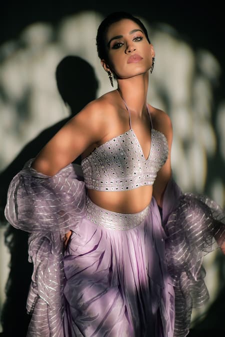 Shop Jubinav Chadha Purple Crepe, Silk Organza Mirror Work Embroidered Blouse And Draped Skirt Set Online at Aza Fashions Shop_Jubinav Chadha_Purple Crepe, Silk Organza Mirror Work Embroidered Blouse And Draped Skirt Set _Online_at_Aza_Fashions